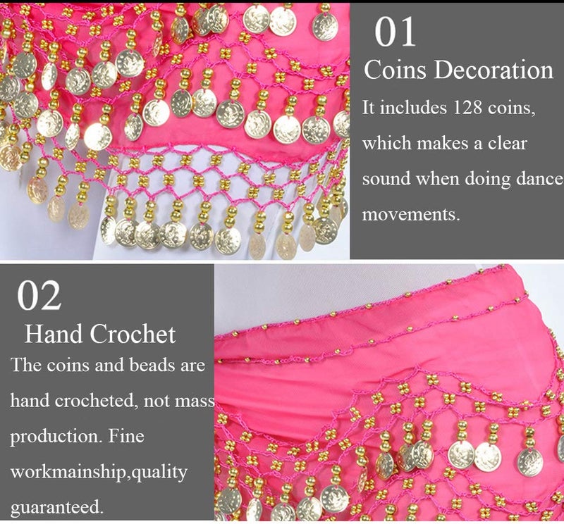 Lauthen.S 128 Coins Belly Dance Hip Scarf Tribal Belt Halloween Genie Costume Accessory Pink - Image 3